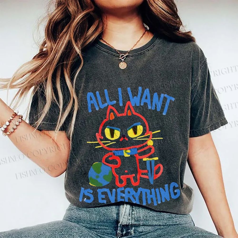 Unisex Cartoon Cat Want Everything Printed Washed Tee