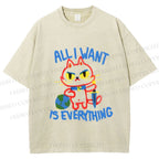 Unisex Cartoon Cat Want Everything Printed Washed Tee