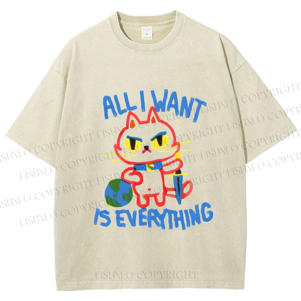 Unisex Cartoon Cat Want Everything Printed Washed Tee