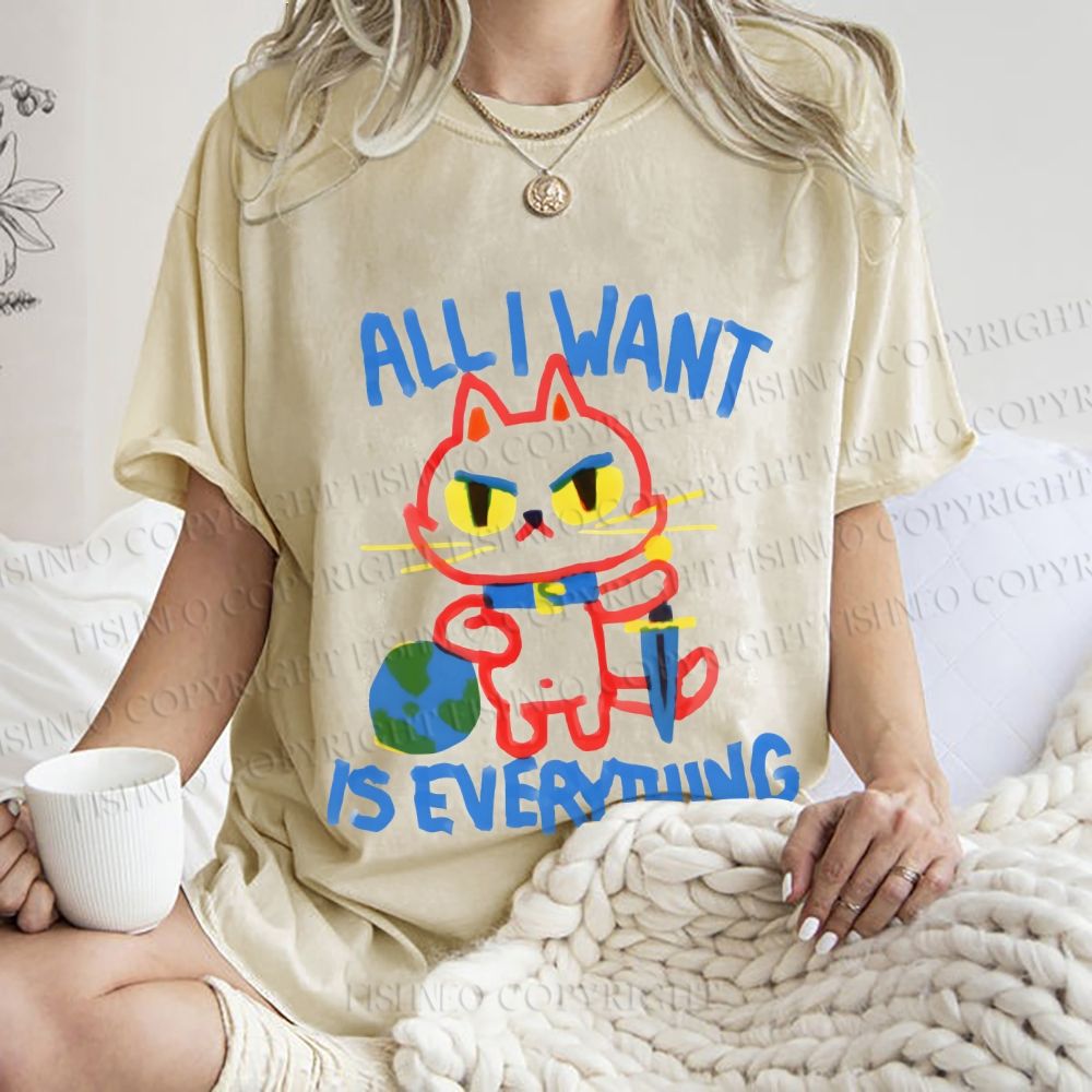 Unisex Cartoon Cat Want Everything Printed Washed Tee