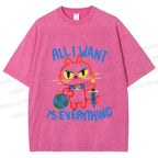Unisex Cartoon Cat Want Everything Printed Washed Tee