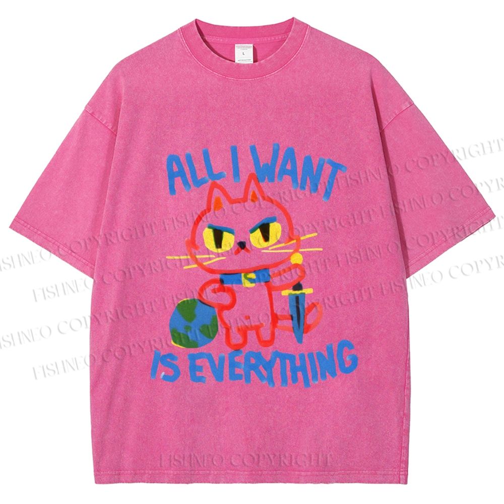Unisex Cartoon Cat Want Everything Printed Washed Tee
