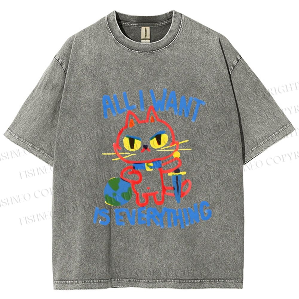Unisex Cartoon Cat Want Everything Printed Washed Tee