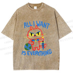 Unisex Cartoon Cat Want Everything Printed Washed Tee