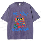 Unisex Cartoon Cat Want Everything Printed Washed Tee