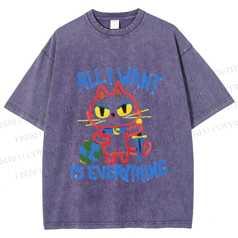 Unisex Cartoon Cat Want Everything Printed Washed Tee