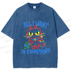 Unisex Cartoon Cat Want Everything Printed Washed Tee