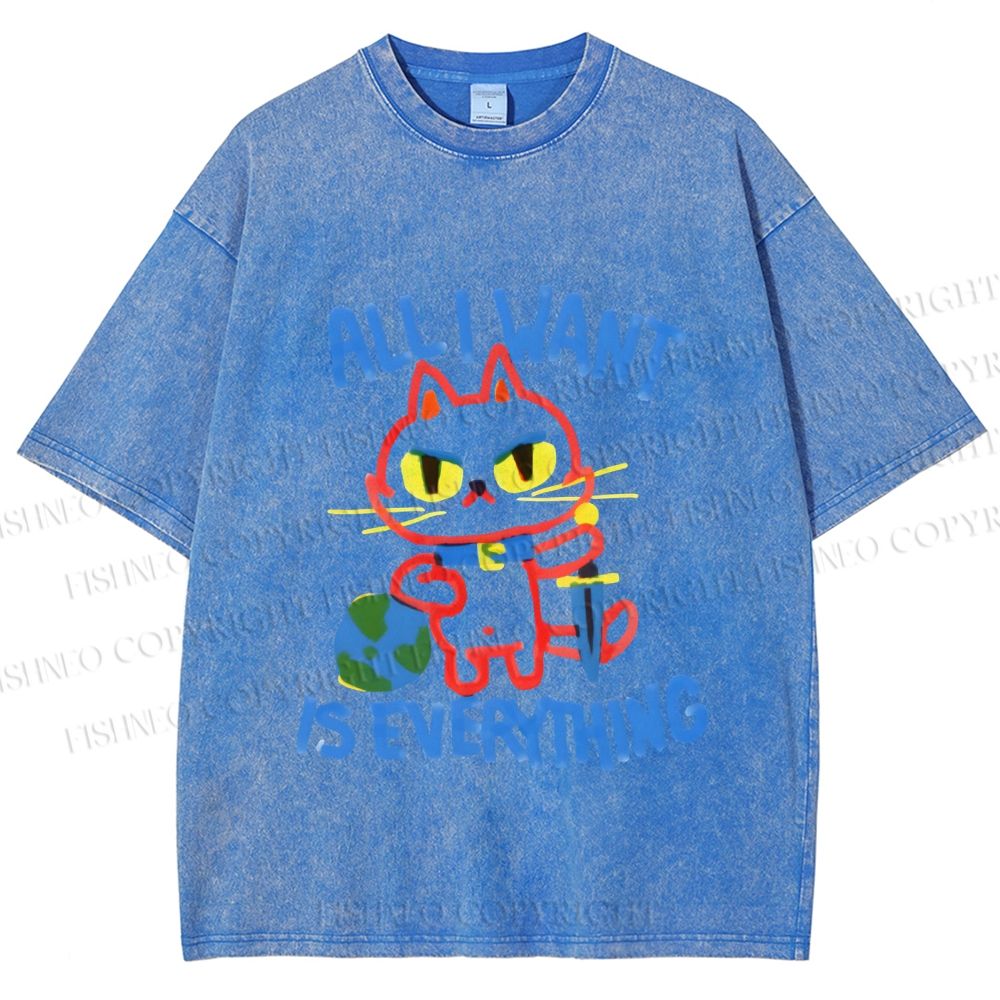 Unisex Cartoon Cat Want Everything Printed Washed Tee