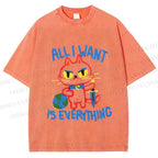 Unisex Cartoon Cat Want Everything Printed Washed Tee