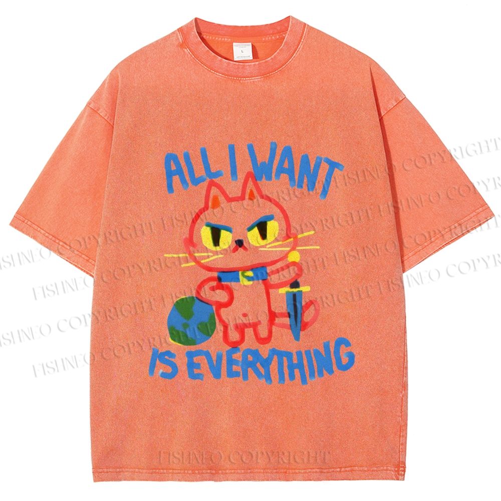 Unisex Cartoon Cat Want Everything Printed Washed Tee