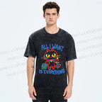 Unisex Cartoon Cat Want Everything Printed Washed Tee