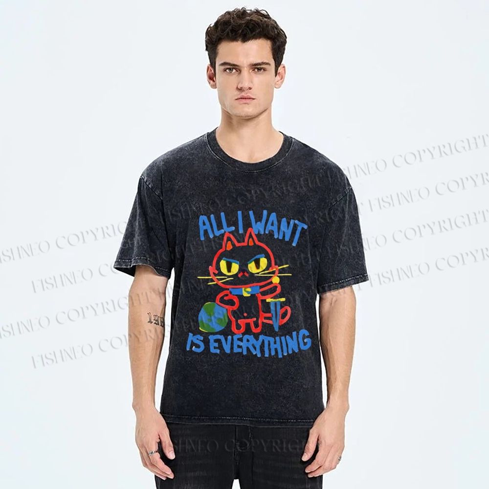 Unisex Cartoon Cat Want Everything Printed Washed Tee