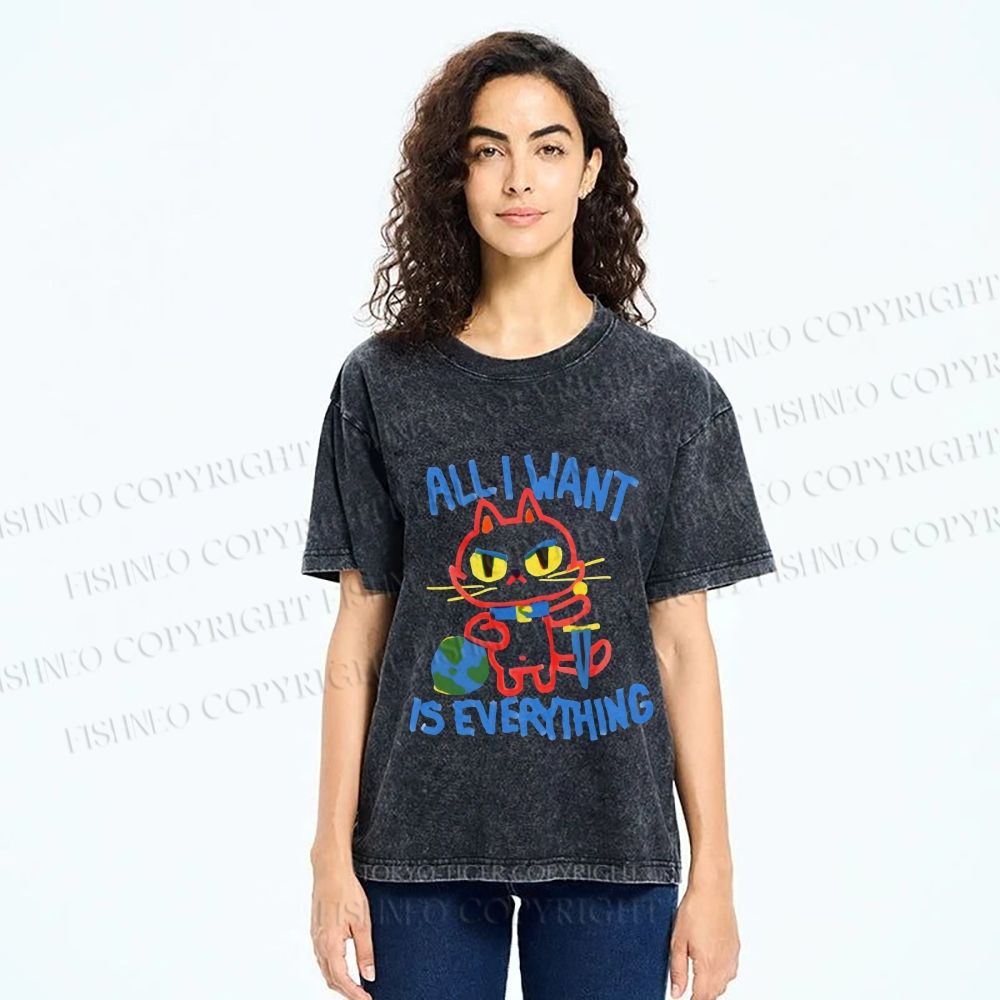Unisex Cartoon Cat Want Everything Printed Washed Tee