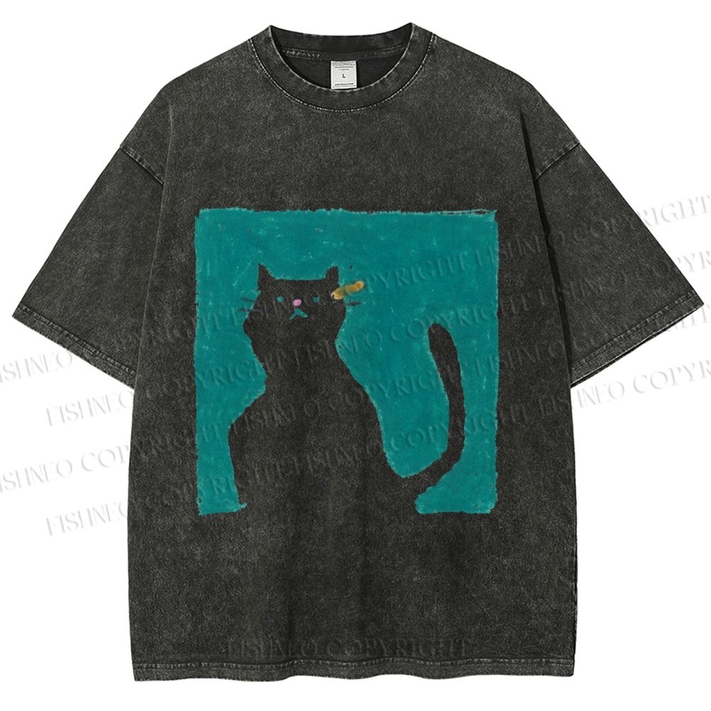 Unisex Cat Painting Printed Washed Tee