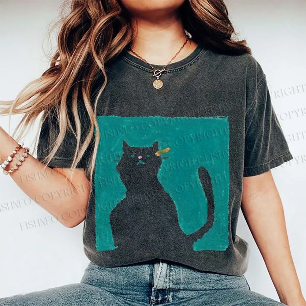 Unisex Cat Painting Printed Washed Tee