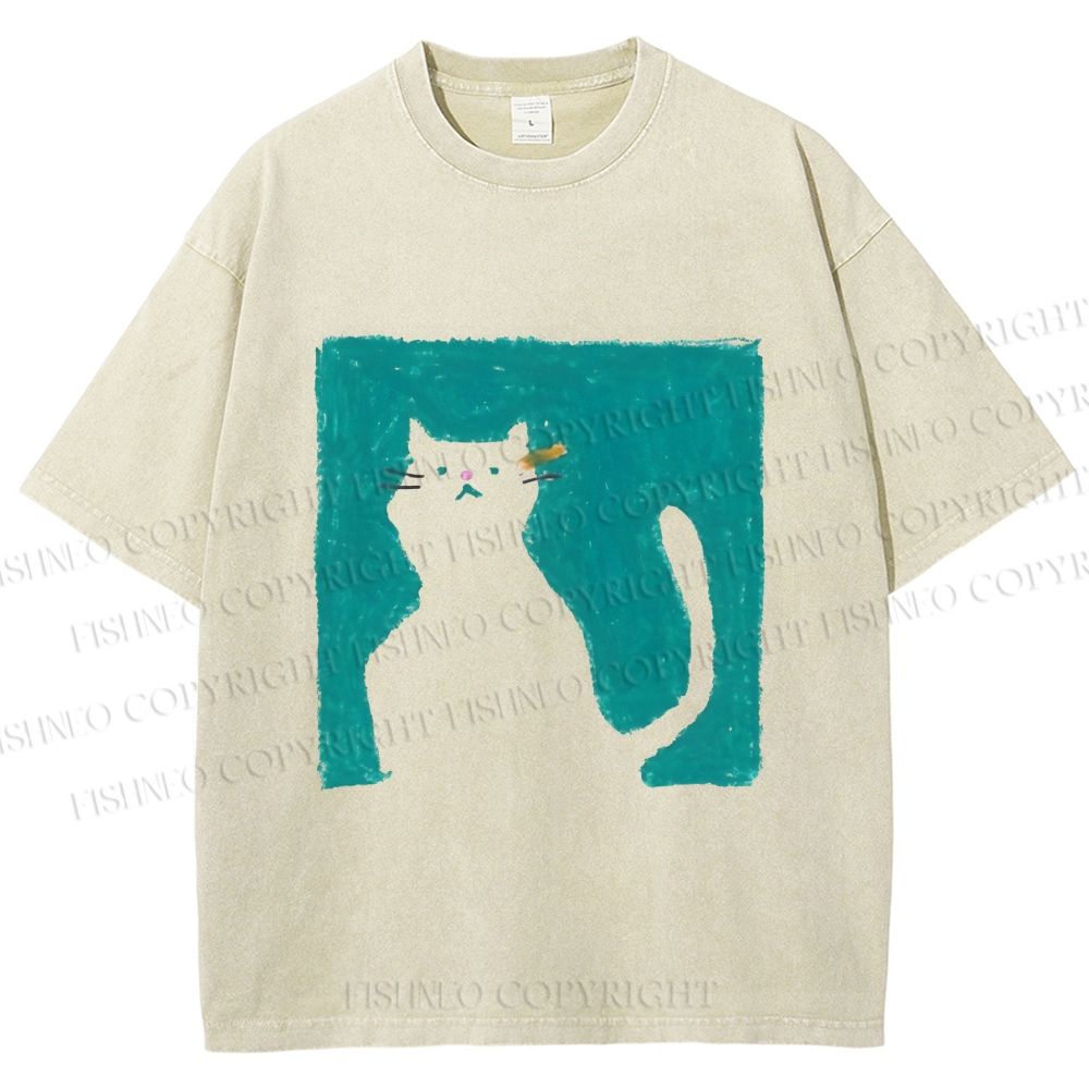 Unisex Cat Painting Printed Washed Tee