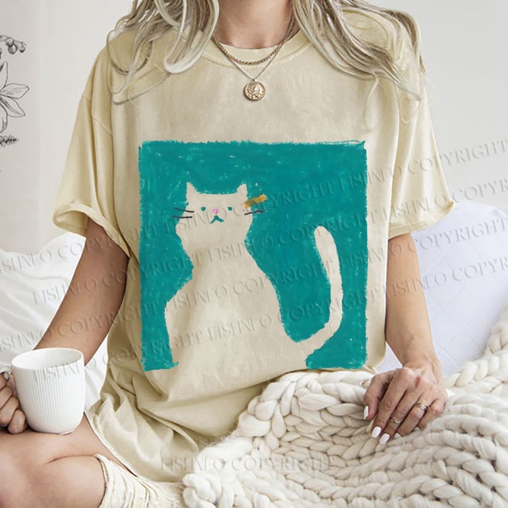 Unisex Cat Painting Printed Washed Tee