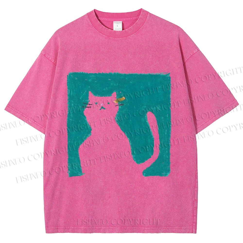 Unisex Cat Painting Printed Washed Tee
