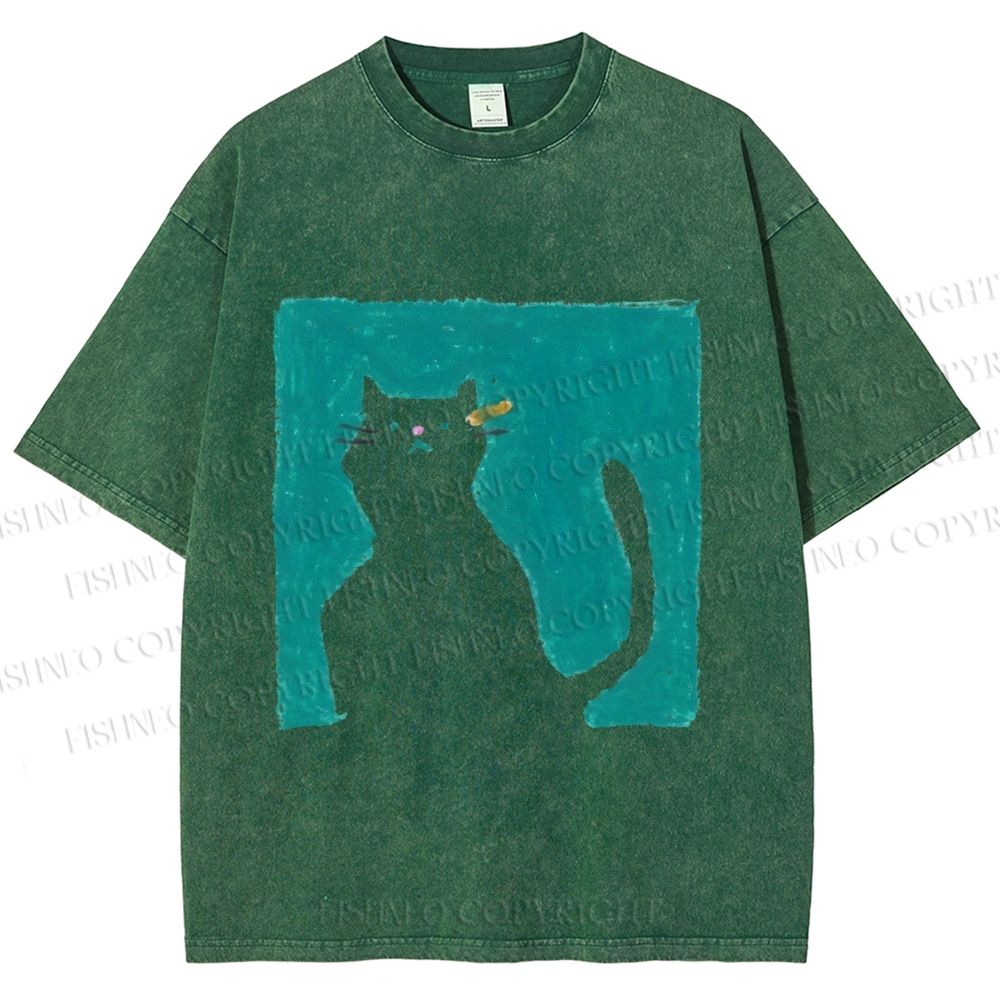 Unisex Cat Painting Printed Washed Tee