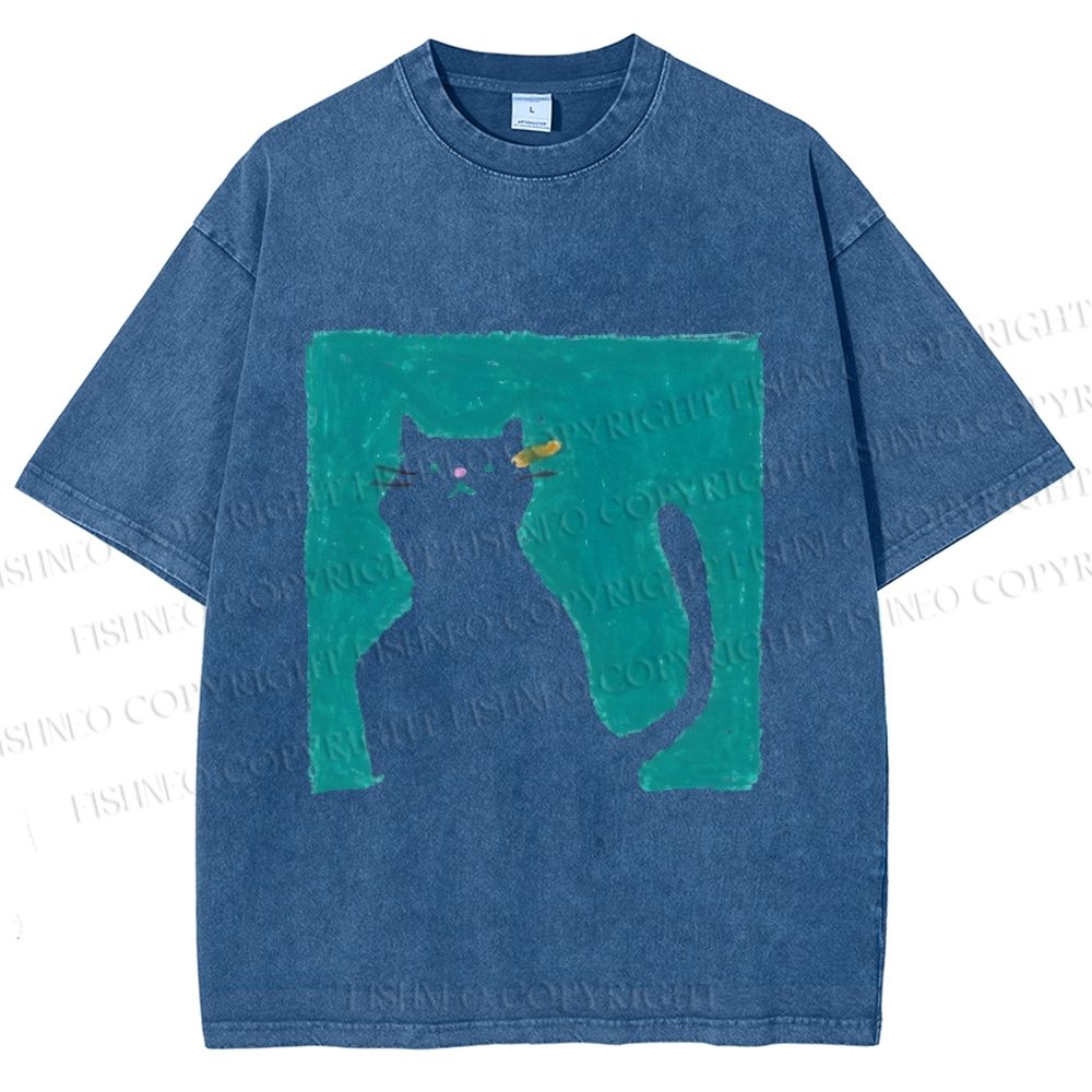 Unisex Cat Painting Printed Washed Tee
