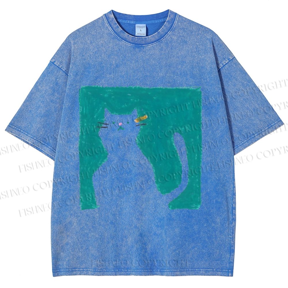 Unisex Cat Painting Printed Washed Tee