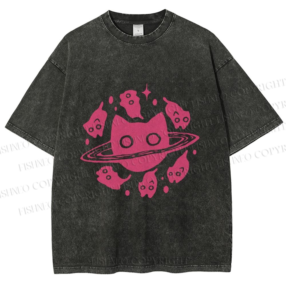 Unisex Cat Planet Printed Washed Tee