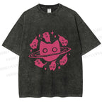 Unisex Cat Planet Printed Washed Tee