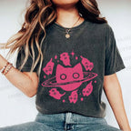Unisex Cat Planet Printed Washed Tee