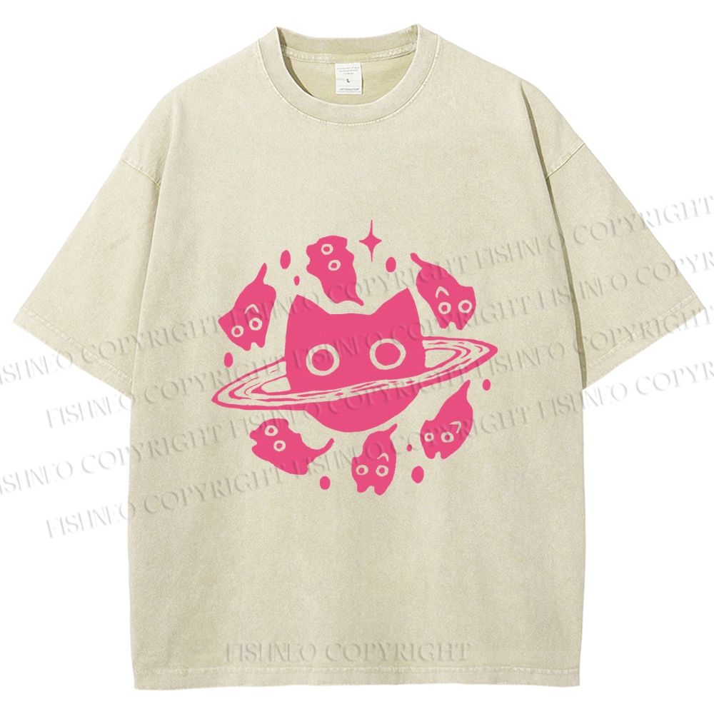 Unisex Cat Planet Printed Washed Tee