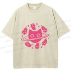 Unisex Cat Planet Printed Washed Tee