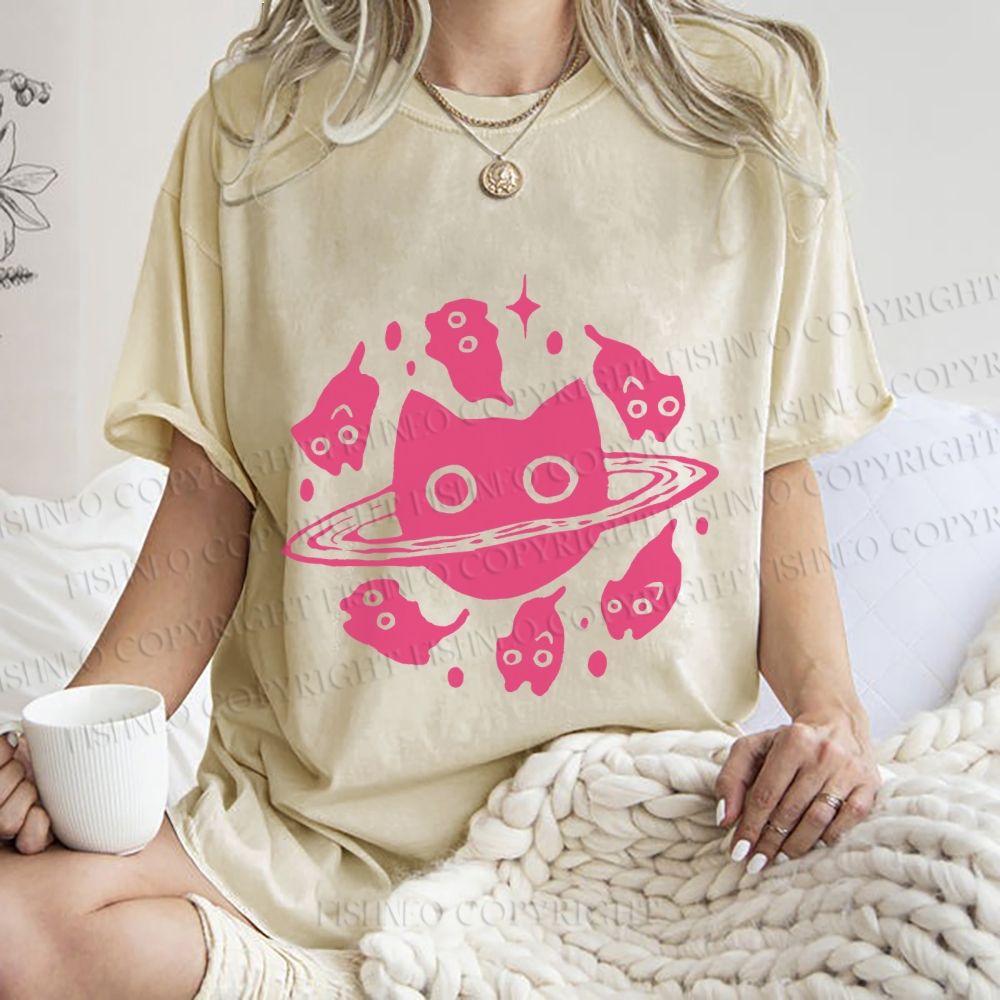 Unisex Cat Planet Printed Washed Tee