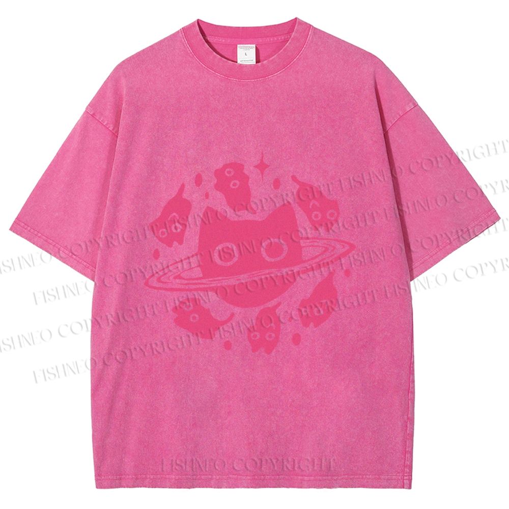 Unisex Cat Planet Printed Washed Tee