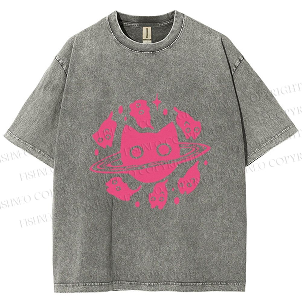 Unisex Cat Planet Printed Washed Tee