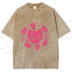 Unisex Cat Planet Printed Washed Tee