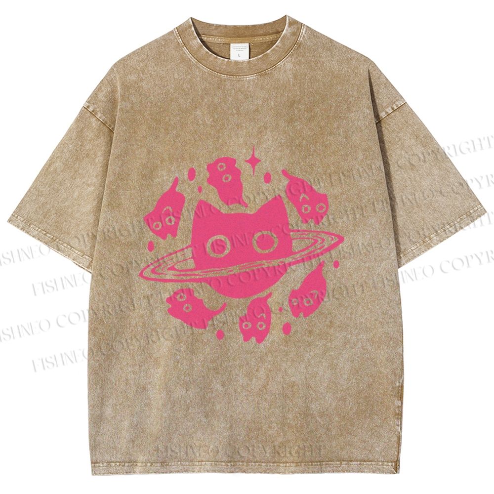 Unisex Cat Planet Printed Washed Tee