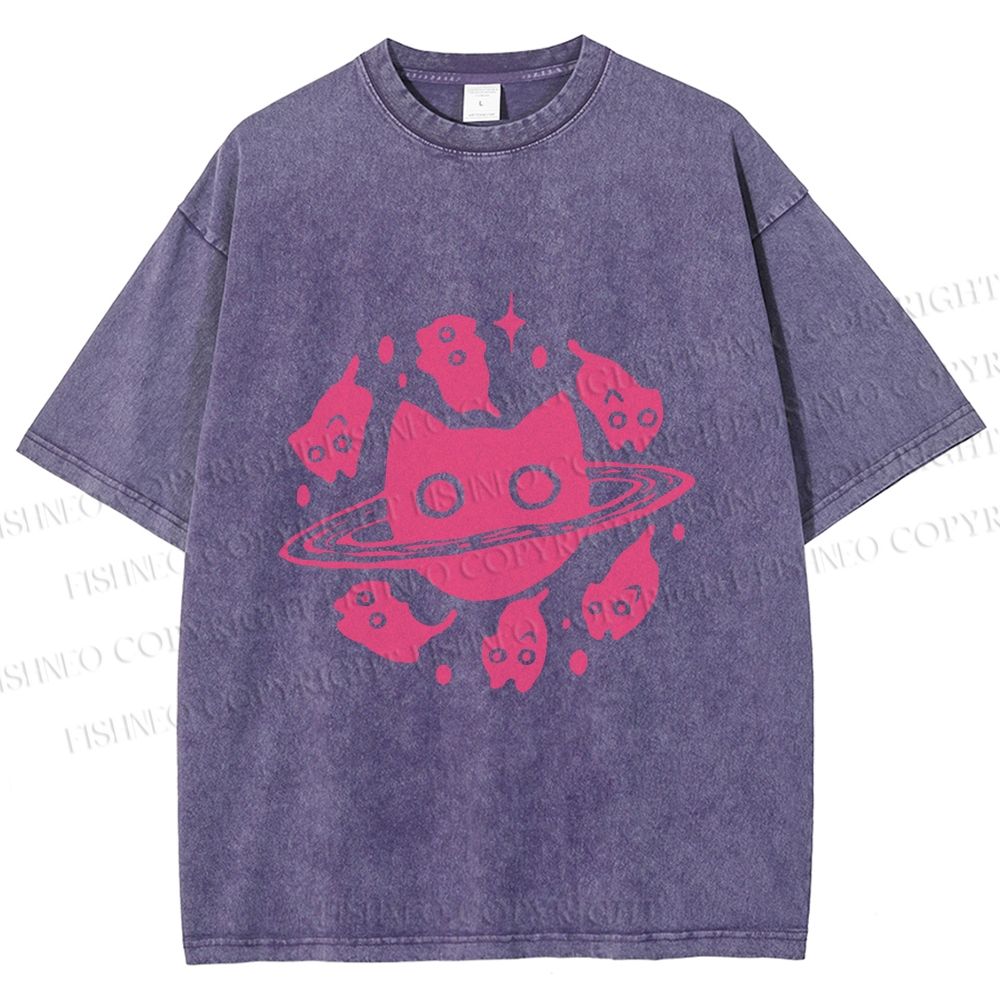 Unisex Cat Planet Printed Washed Tee