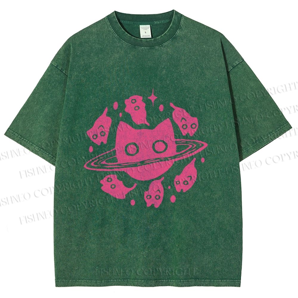 Unisex Cat Planet Printed Washed Tee