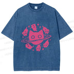 Unisex Cat Planet Printed Washed Tee