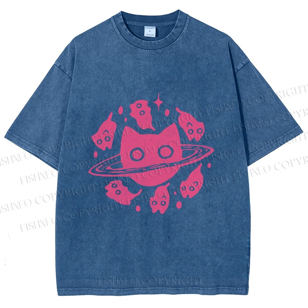 Unisex Cat Planet Printed Washed Tee