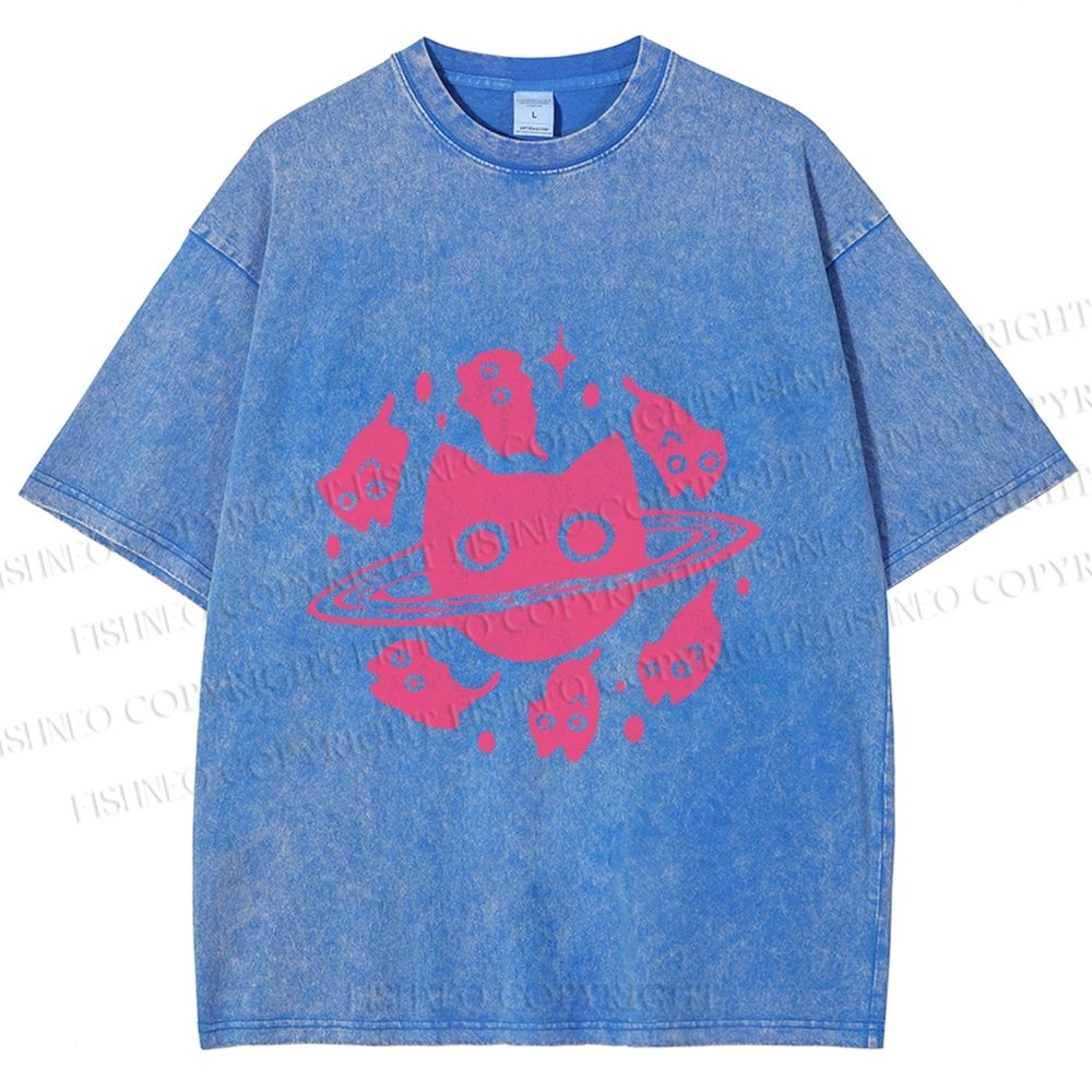 Unisex Cat Planet Printed Washed Tee