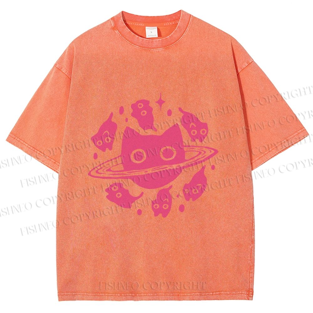 Unisex Cat Planet Printed Washed Tee