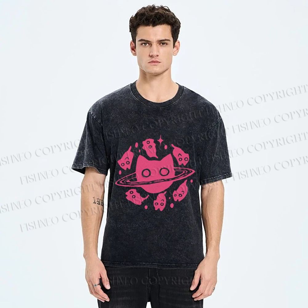 Unisex Cat Planet Printed Washed Tee