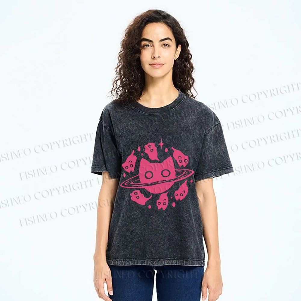 Unisex Cat Planet Printed Washed Tee