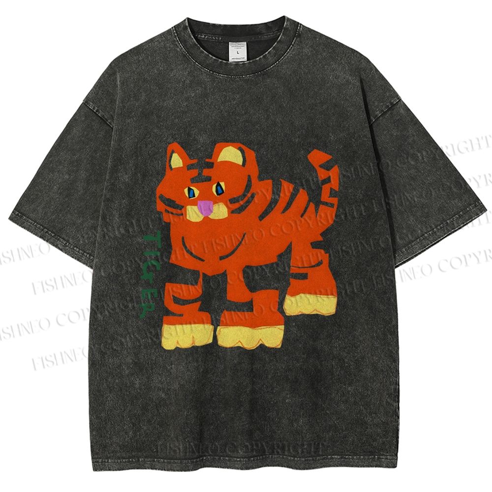 Unisex Cartoon Tiger Printed Washed Tee