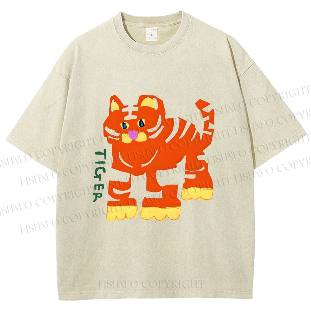 Unisex Cartoon Tiger Printed Washed Tee