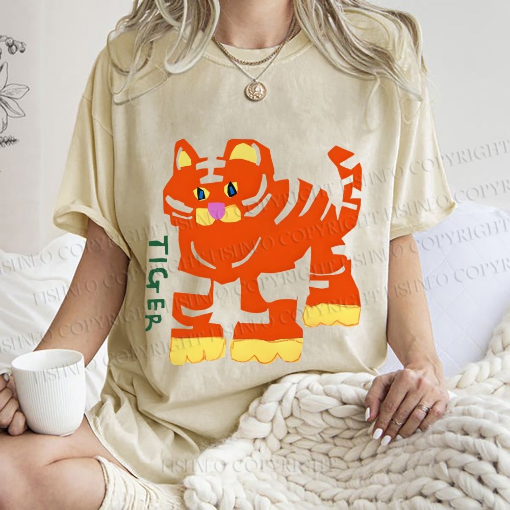 Unisex Cartoon Tiger Printed Washed Tee
