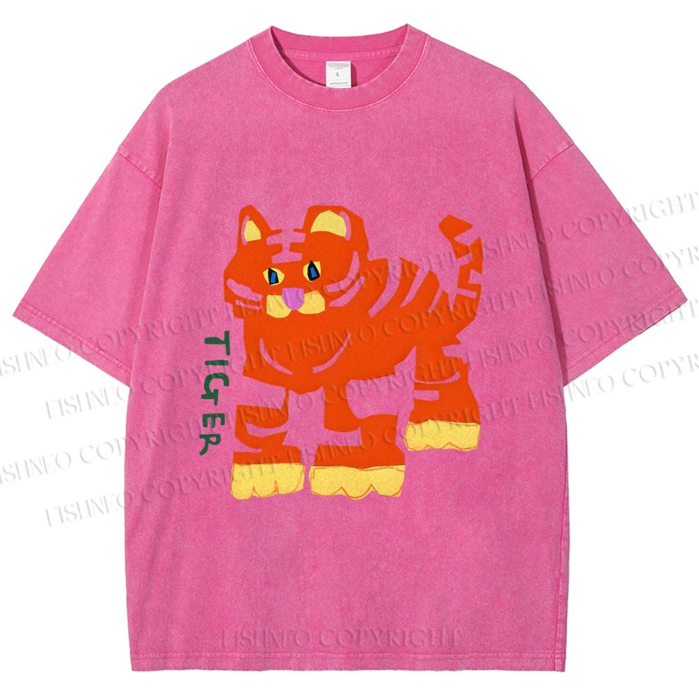 Unisex Cartoon Tiger Printed Washed Tee