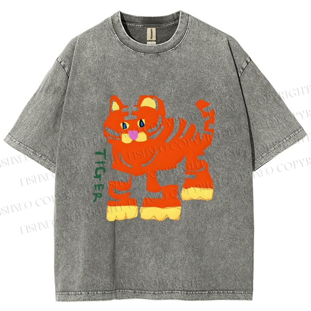 Unisex Cartoon Tiger Printed Washed Tee
