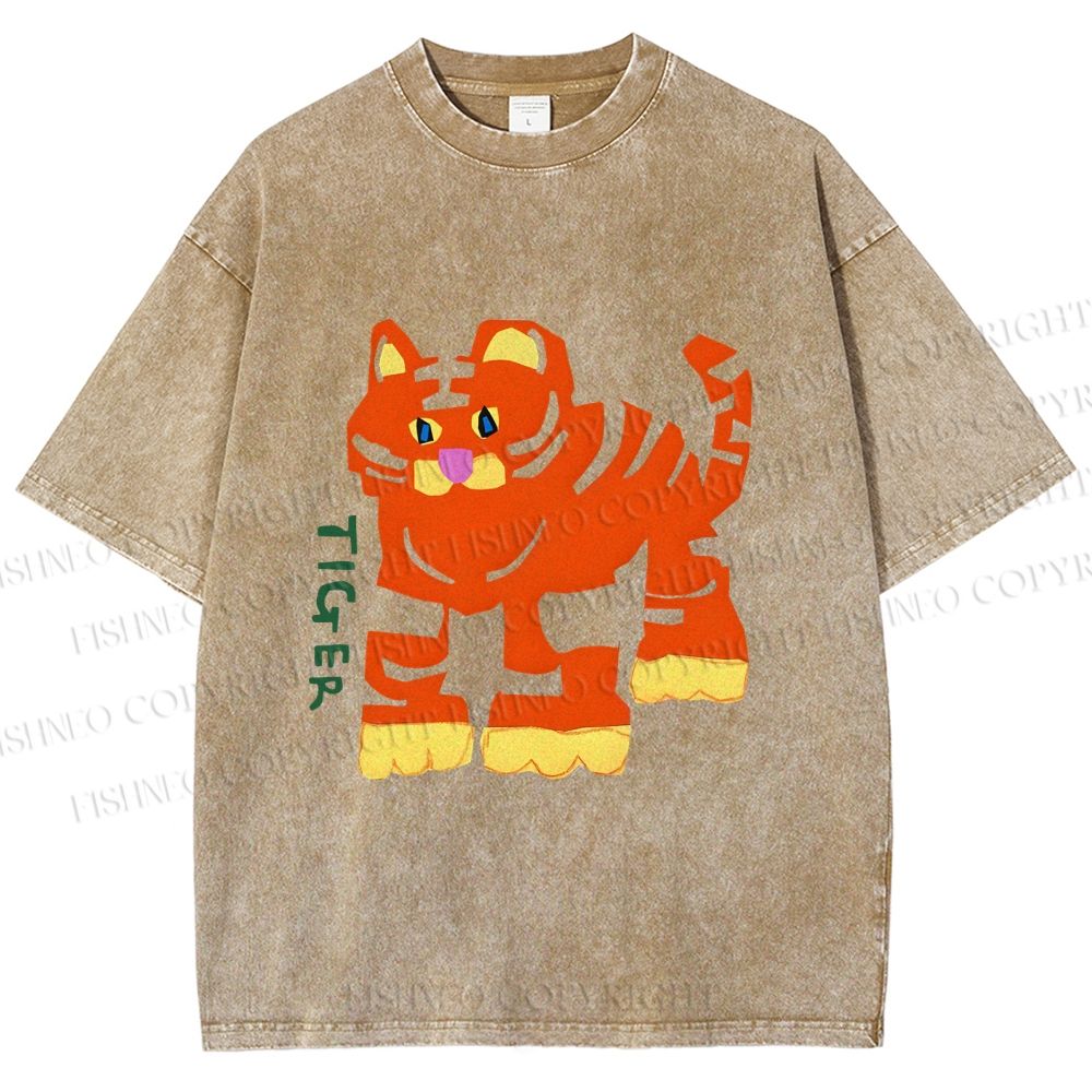 Unisex Cartoon Tiger Printed Washed Tee