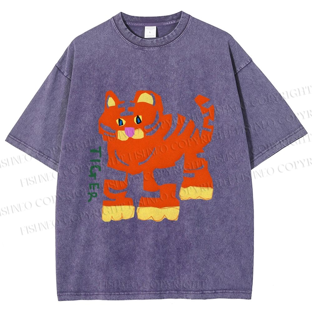 Unisex Cartoon Tiger Printed Washed Tee